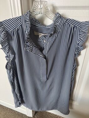 LOFT Navy & White Vertical Stripe Ruffle Sleeve Shell